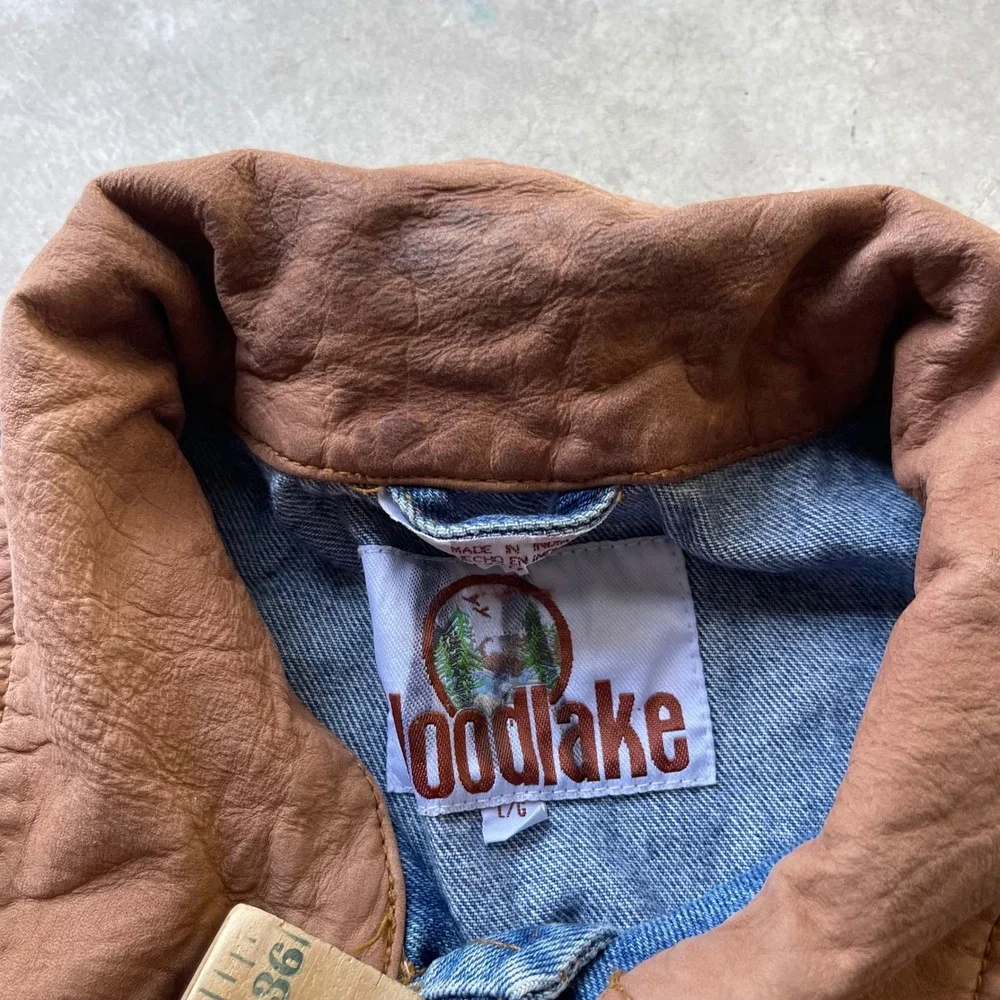 Woodlake Mens Denim Trucker Jacket Blue Medium Wash Leather Collar Large L